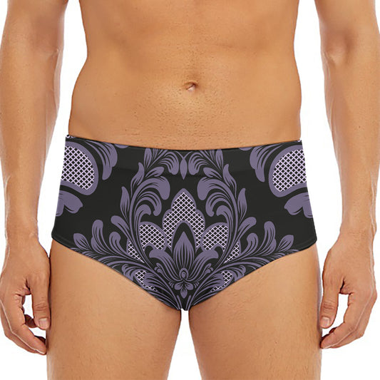 Black And Purple Damask Pattern Print Men's Triangle Swim Briefs