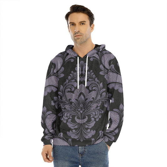 Black And Purple Damask Pattern Print Men's Velvet Pullover Hoodie