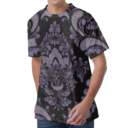 Black And Purple Damask Pattern Print Men's Velvet T-Shirt