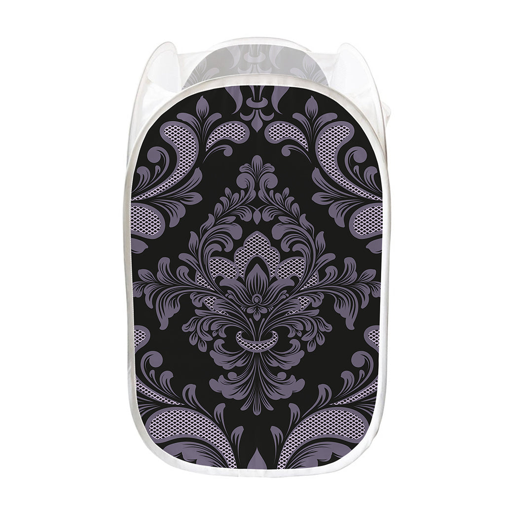 Black And Purple Damask Pattern Print Mesh Laundry Hamper