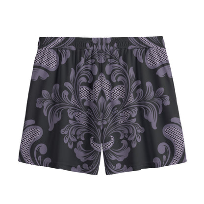 Black And Purple Damask Pattern Print Mesh Shorts