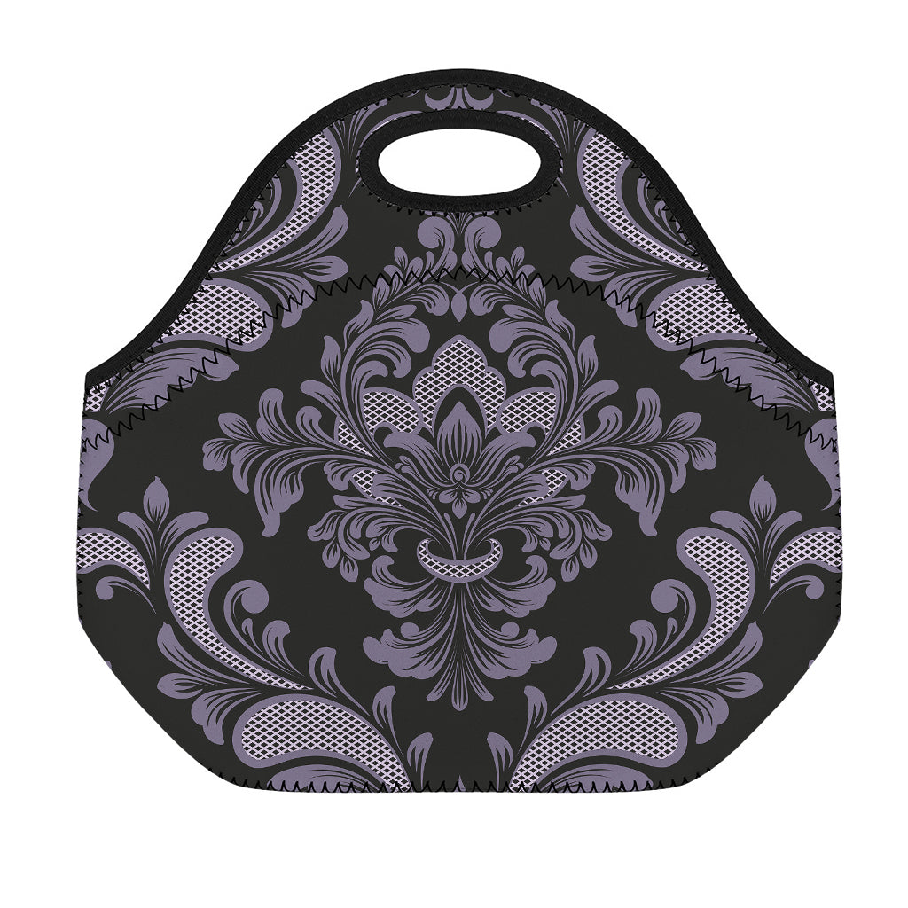 Black And Purple Damask Pattern Print Neoprene Lunch Bag