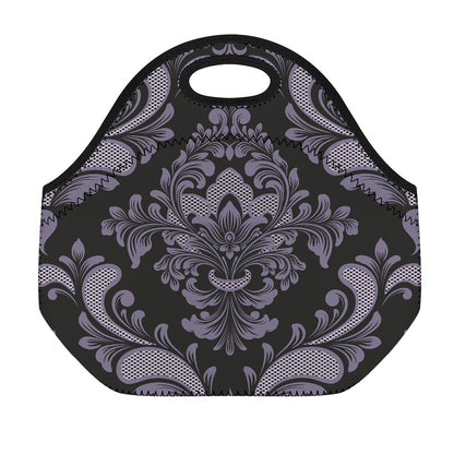 Black And Purple Damask Pattern Print Neoprene Lunch Bag