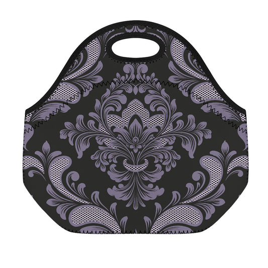 Black And Purple Damask Pattern Print Neoprene Lunch Bag