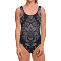 Black And Purple Damask Pattern Print One Piece Swimsuit