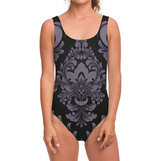 Black And Purple Damask Pattern Print One Piece Swimsuit