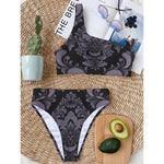 Black And Purple Damask Pattern Print One Shoulder Bikini Top