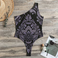 Black And Purple Damask Pattern Print One Shoulder Bodysuit