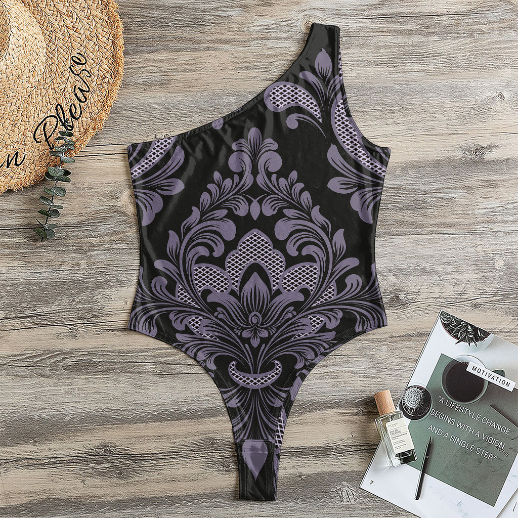 Black And Purple Damask Pattern Print One Shoulder Bodysuit