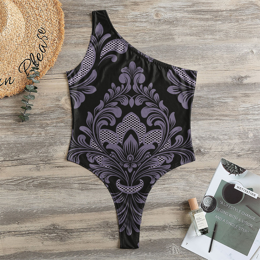 Black And Purple Damask Pattern Print One Shoulder Bodysuit