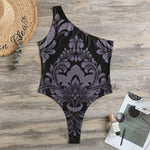 Black And Purple Damask Pattern Print One Shoulder Bodysuit
