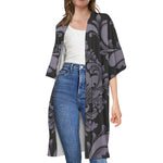 Black And Purple Damask Pattern Print Open Front Beach Cover Up