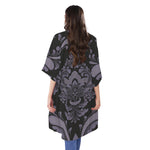 Black And Purple Damask Pattern Print Open Front Beach Cover Up