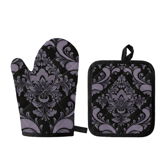 Black And Purple Damask Pattern Print Oven Mitt And Pot Holder Set