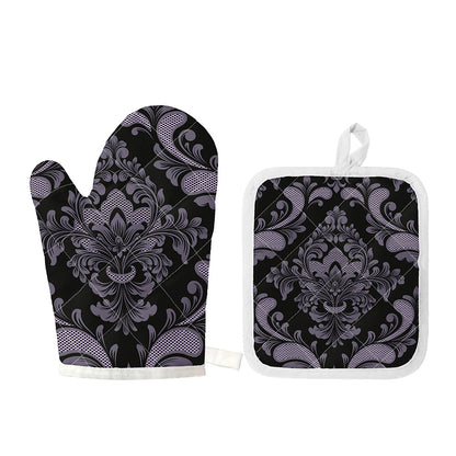 Black And Purple Damask Pattern Print Oven Mitt And Pot Holder Set