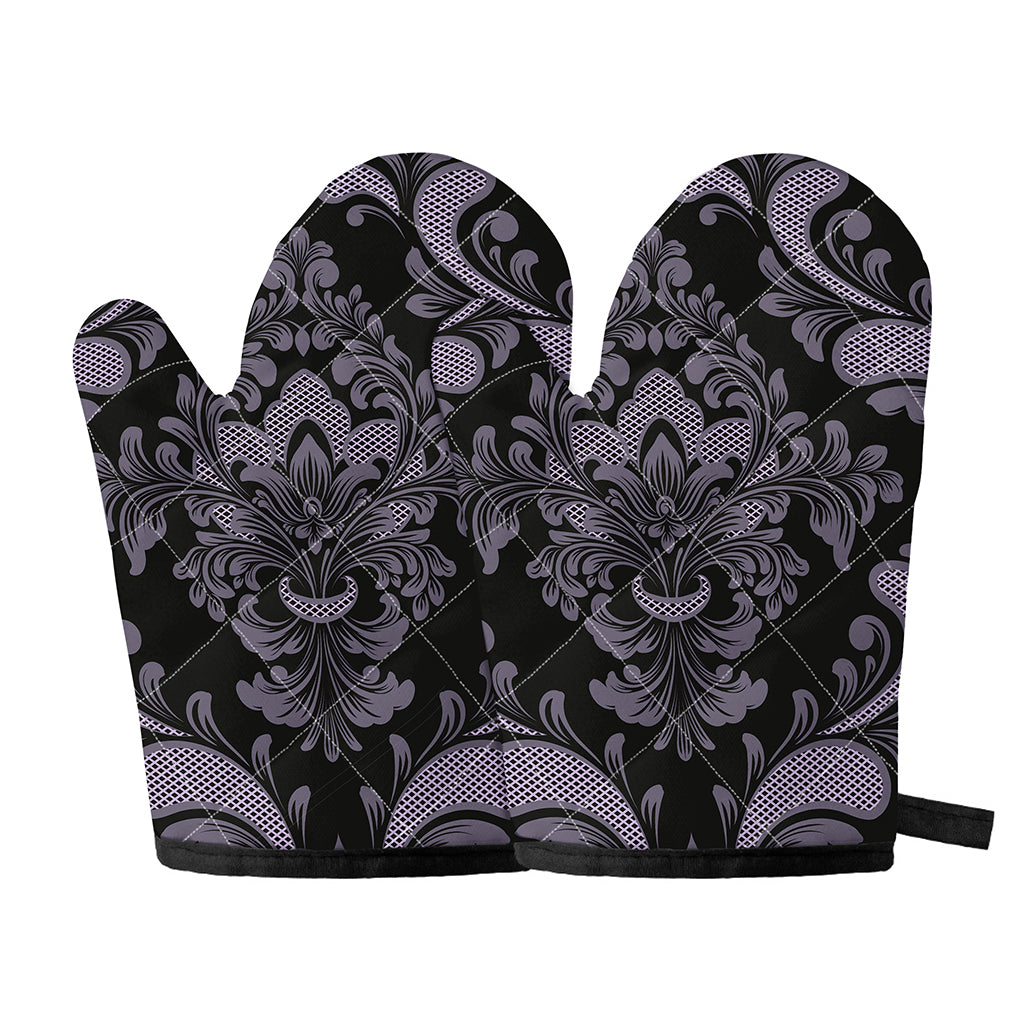 Black And Purple Damask Pattern Print Oven Mitts