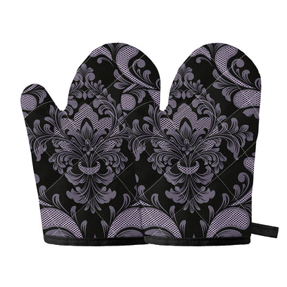 Black And Purple Damask Pattern Print Oven Mitts