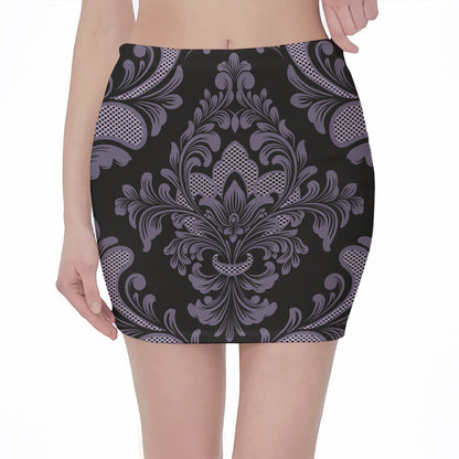 Black And Purple Damask Pattern Print Pencil Mini Skirt