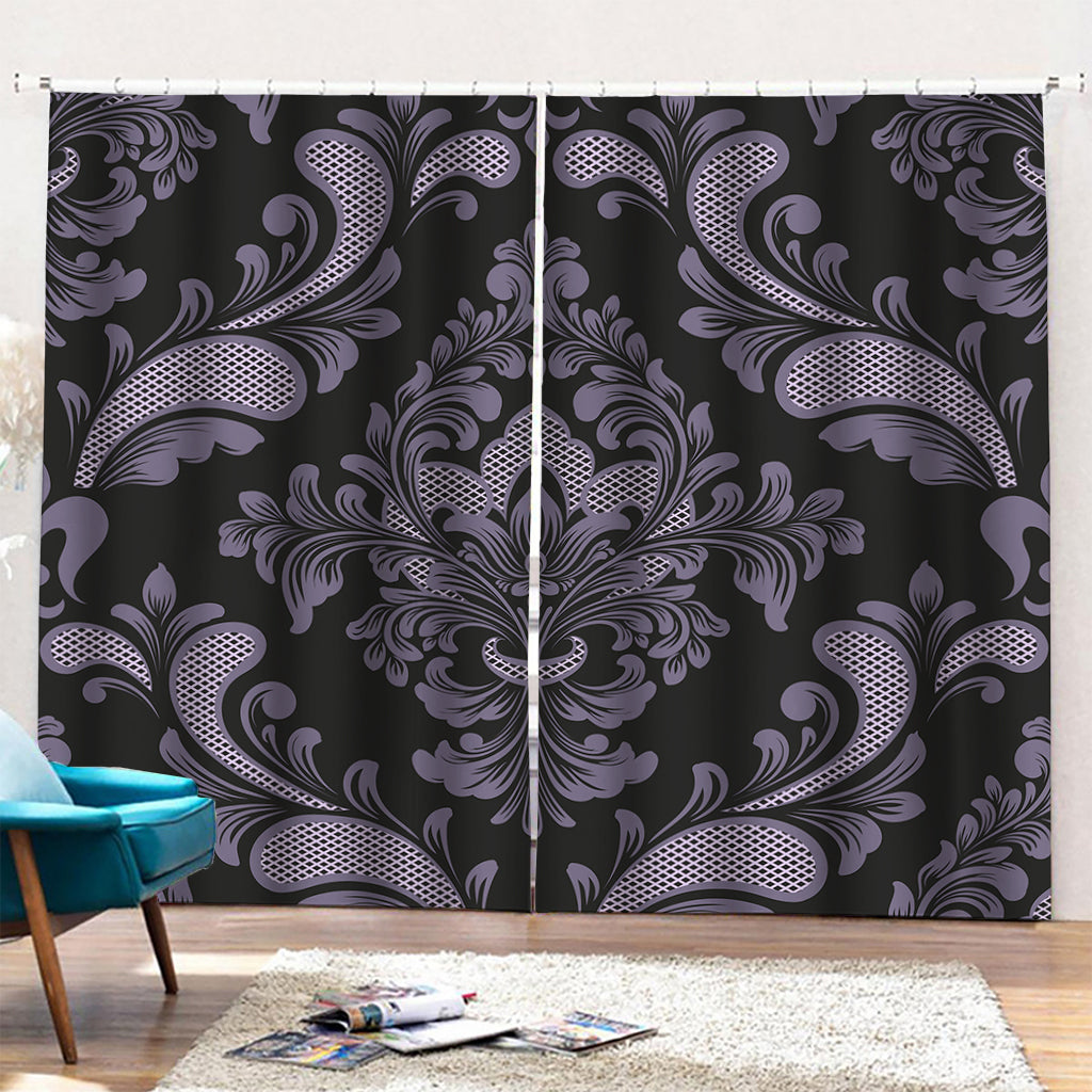 Black And Purple Damask Pattern Print Pencil Pleat Curtains