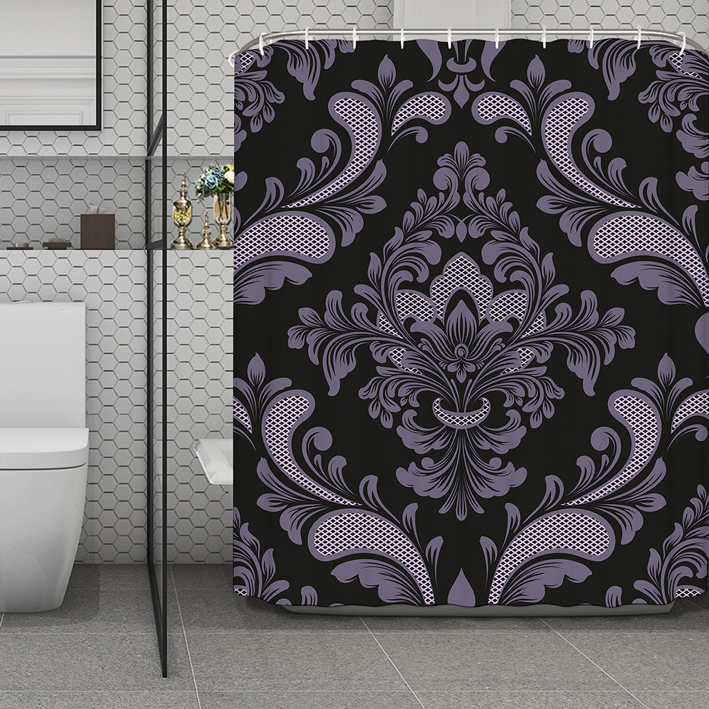 Black And Purple Damask Pattern Print Polyester Shower Curtain
