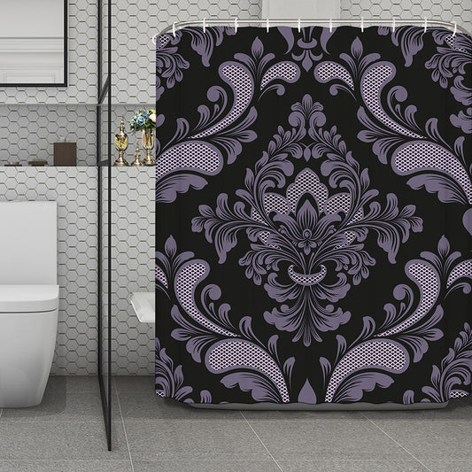 Black And Purple Damask Pattern Print Polyester Shower Curtain