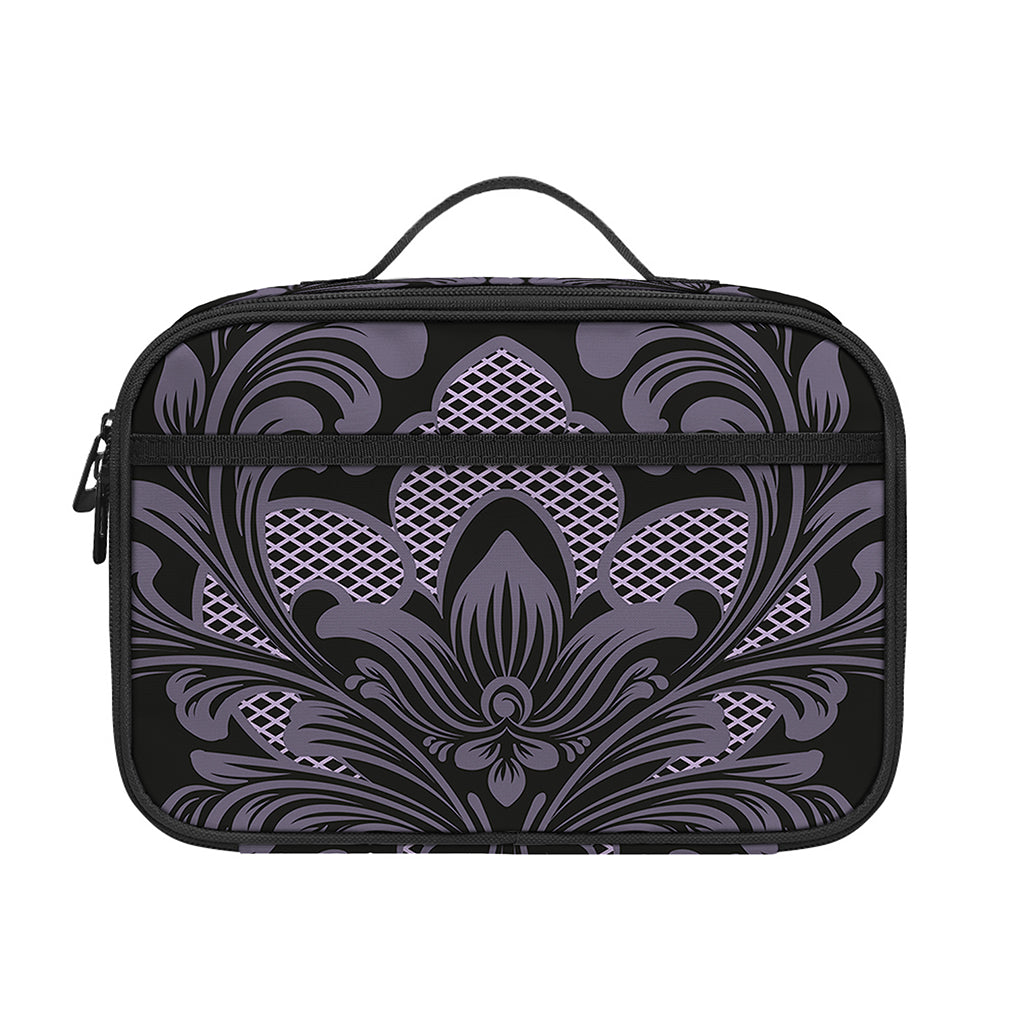 Black And Purple Damask Pattern Print Portable Lunch Bag