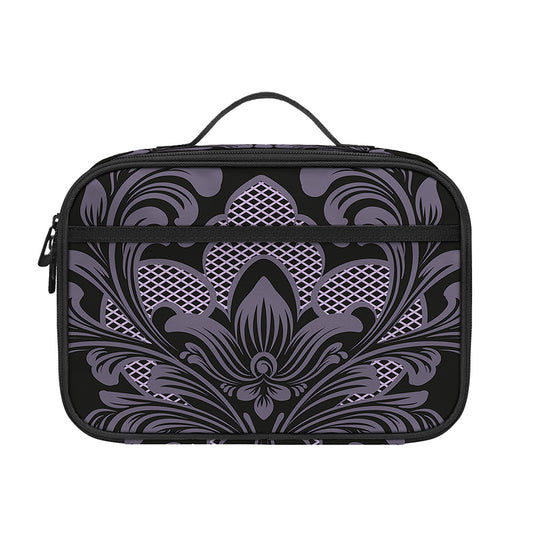 Black And Purple Damask Pattern Print Portable Lunch Bag