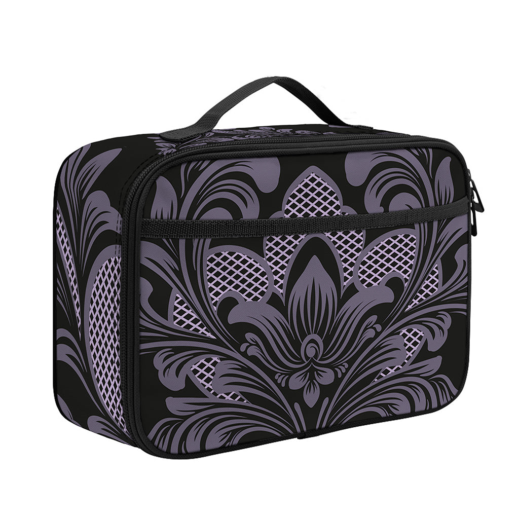 Black And Purple Damask Pattern Print Portable Lunch Bag