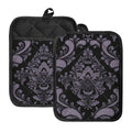 Black And Purple Damask Pattern Print Pot Holders With Pocket
