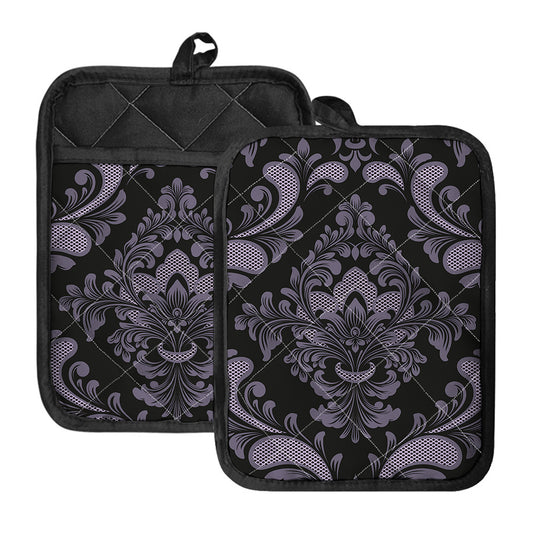 Black And Purple Damask Pattern Print Pot Holders With Pocket