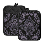 Black And Purple Damask Pattern Print Pot Holders With Pocket