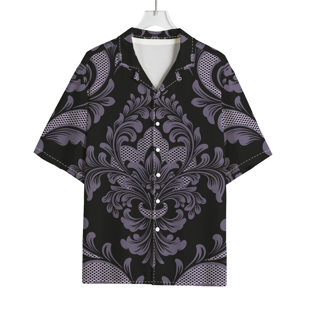 Black And Purple Damask Pattern Print Rayon Hawaiian Shirt