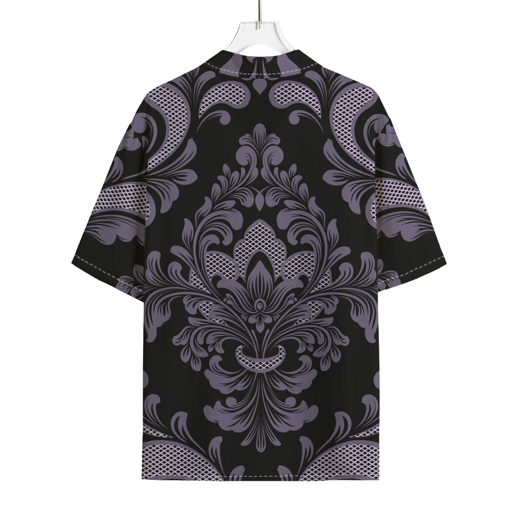 Black And Purple Damask Pattern Print Rayon Hawaiian Shirt
