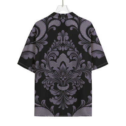 Black And Purple Damask Pattern Print Rayon Hawaiian Shirt