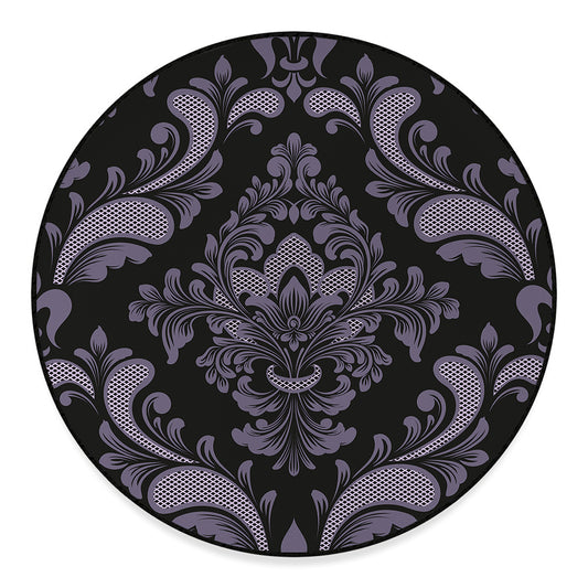 Black And Purple Damask Pattern Print Round Floor Mat