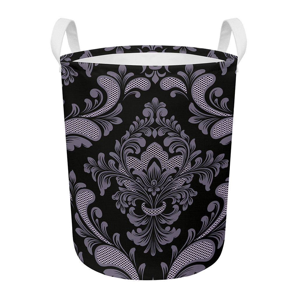 Black And Purple Damask Pattern Print Round Laundry Basket