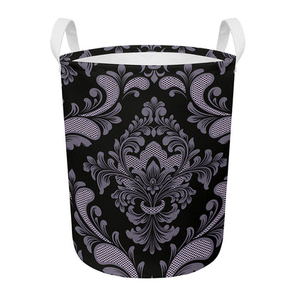Black And Purple Damask Pattern Print Round Laundry Basket