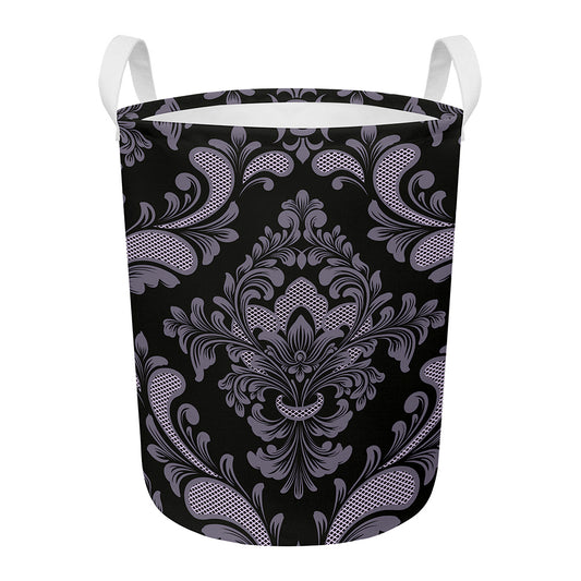 Black And Purple Damask Pattern Print Round Laundry Basket