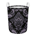 Black And Purple Damask Pattern Print Round Laundry Basket