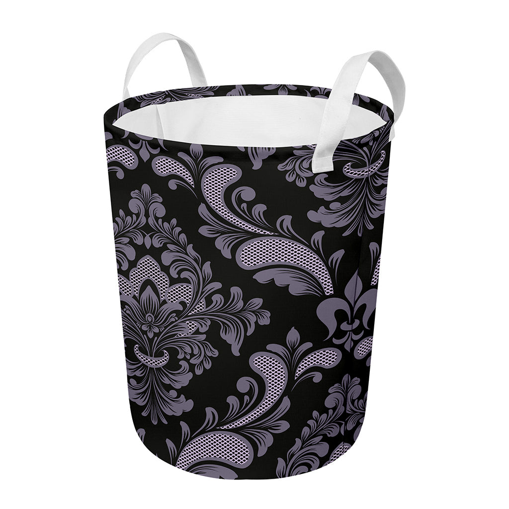 Black And Purple Damask Pattern Print Round Laundry Basket