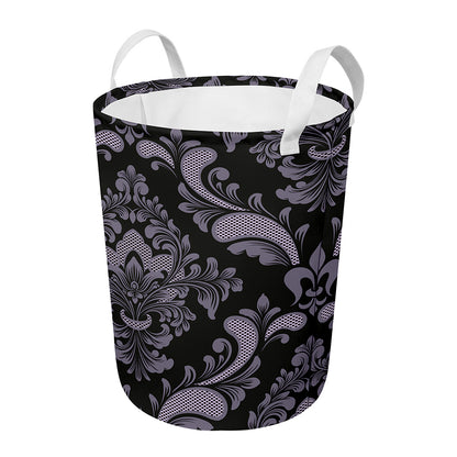 Black And Purple Damask Pattern Print Round Laundry Basket