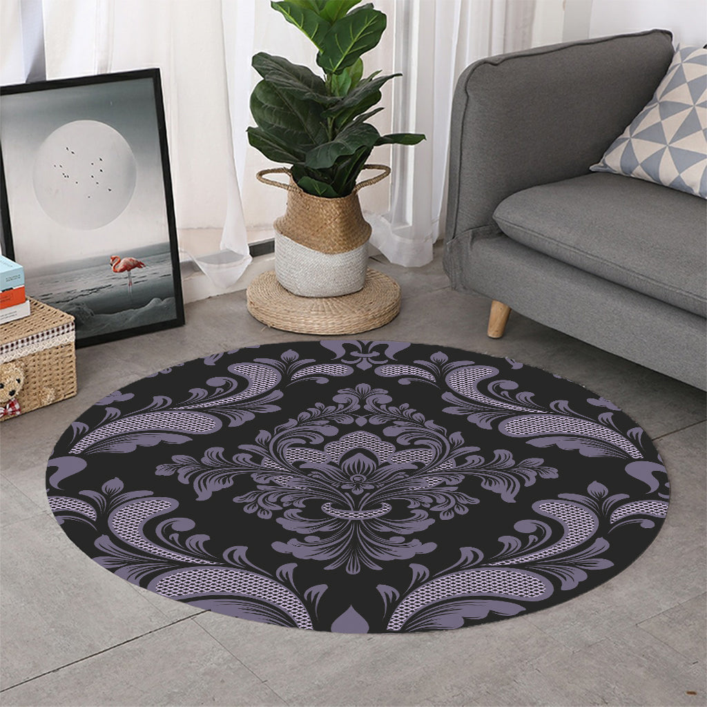 Black And Purple Damask Pattern Print Round Rug