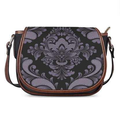 Black And Purple Damask Pattern Print Saddle Bag