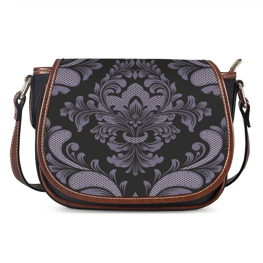Black And Purple Damask Pattern Print Saddle Bag