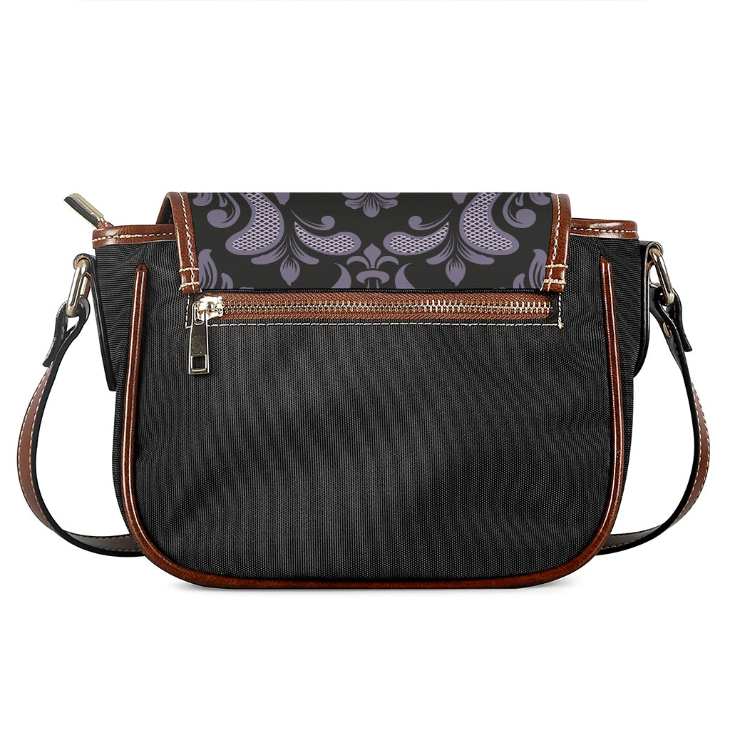 Black And Purple Damask Pattern Print Saddle Bag