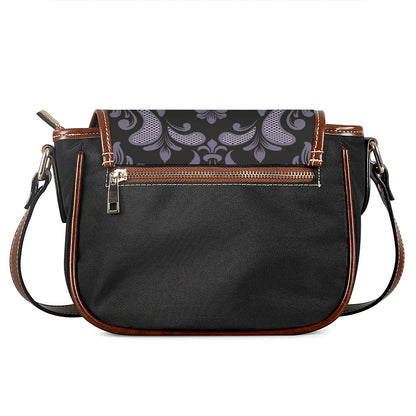 Black And Purple Damask Pattern Print Saddle Bag