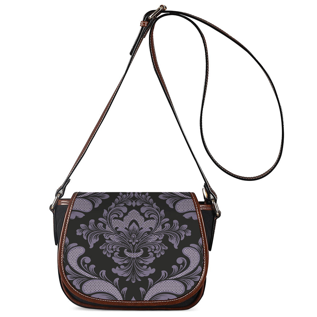 Black And Purple Damask Pattern Print Saddle Bag