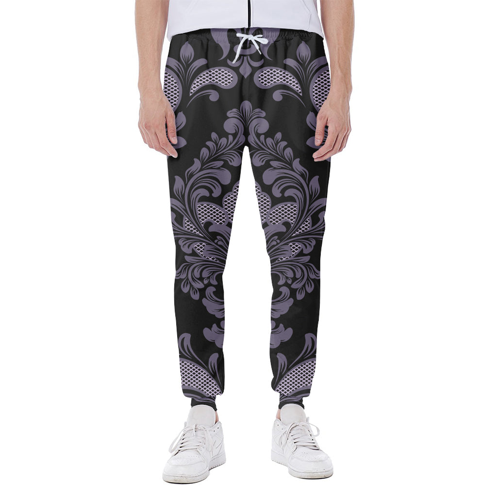 Black And Purple Damask Pattern Print Scuba Joggers