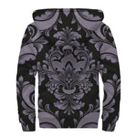 Black And Purple Damask Pattern Print Sherpa Lined Zip Up Hoodie