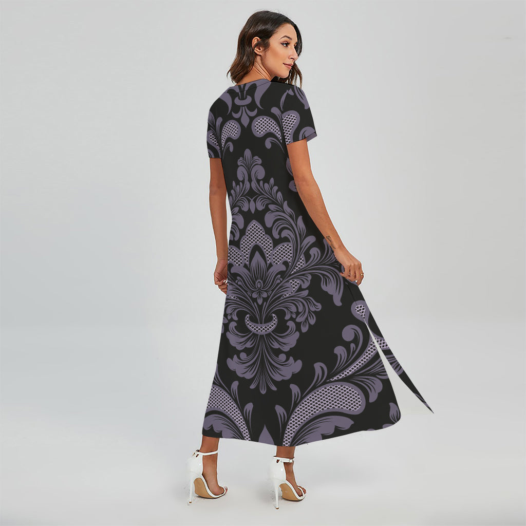 Black And Purple Damask Pattern Print Short Sleeve Maxi Dress